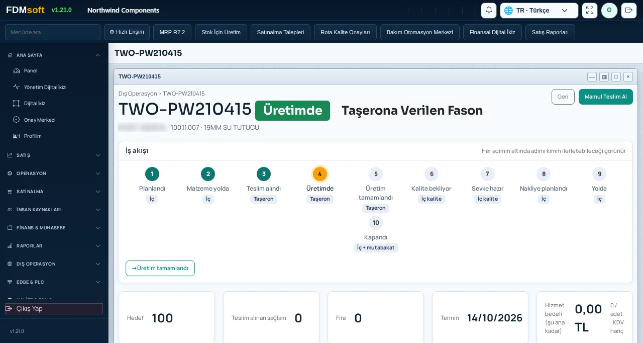 Subcontract work order TWO-PW210415 in production, step 4 of 10